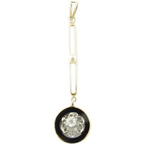 Vintage 14 Karat Yellow Gold Diamond, Black Onyx and Pearl Pendant #3148